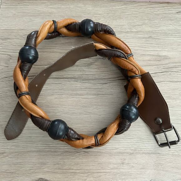 Vintage Julia de Peralta of Spain Braided Leather & Metal Beads Belt- S/M - Picture 1 of 7
